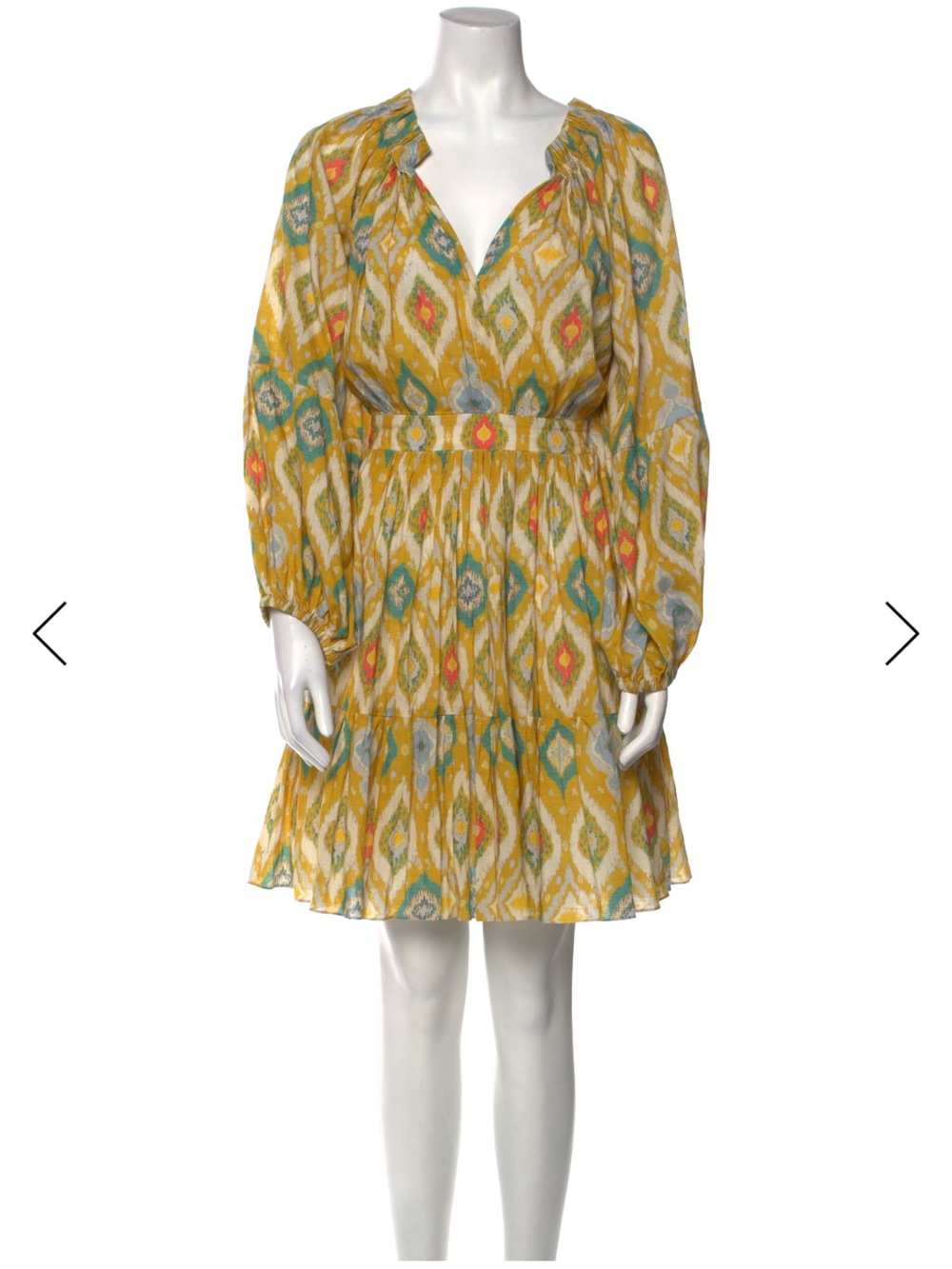NWT Charina Sarte Yellow Ikat Print Long-Sleeve Tiered Dress